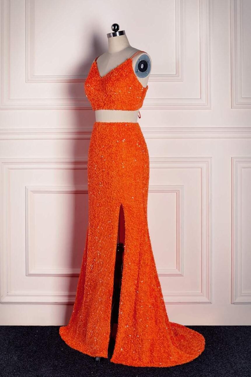 Two Piece Orange Sequin Mermaid Prom Dress