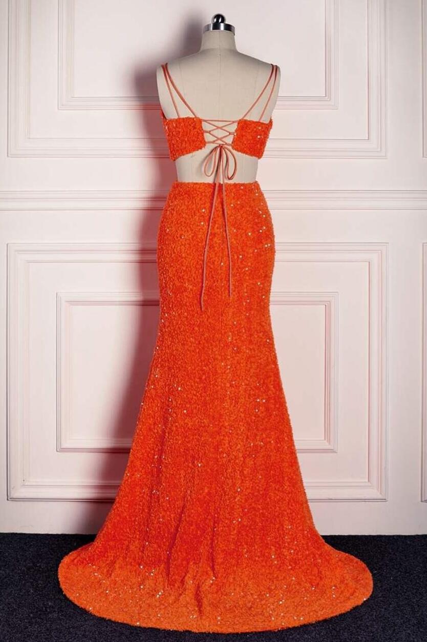 Two Piece Orange Sequin Mermaid Prom Dress