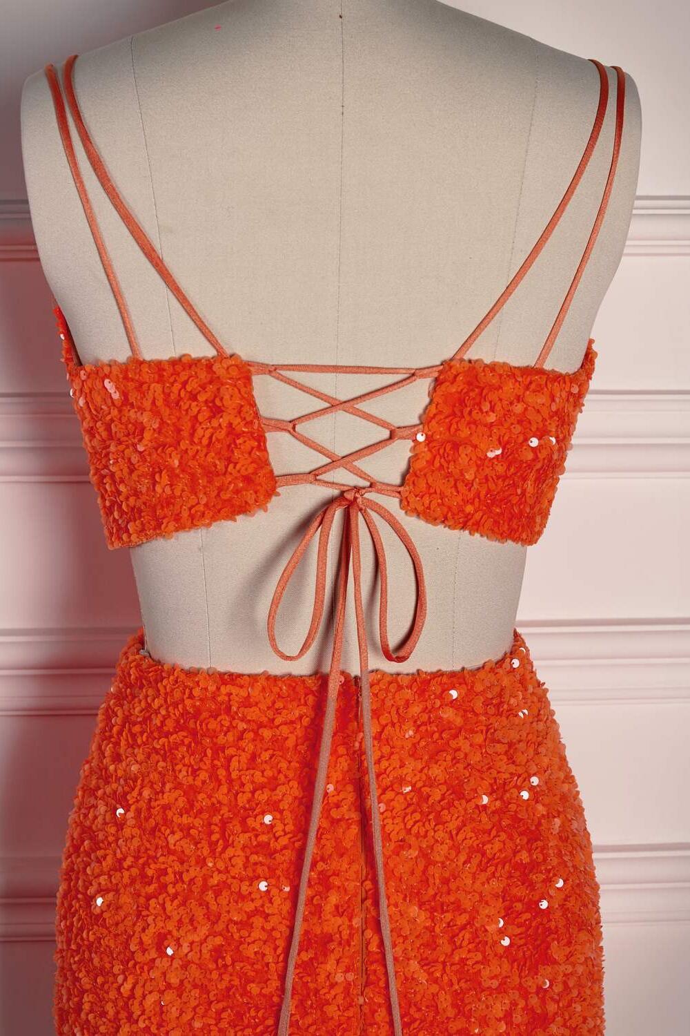 Two Piece Orange Sequin Mermaid Prom Dress