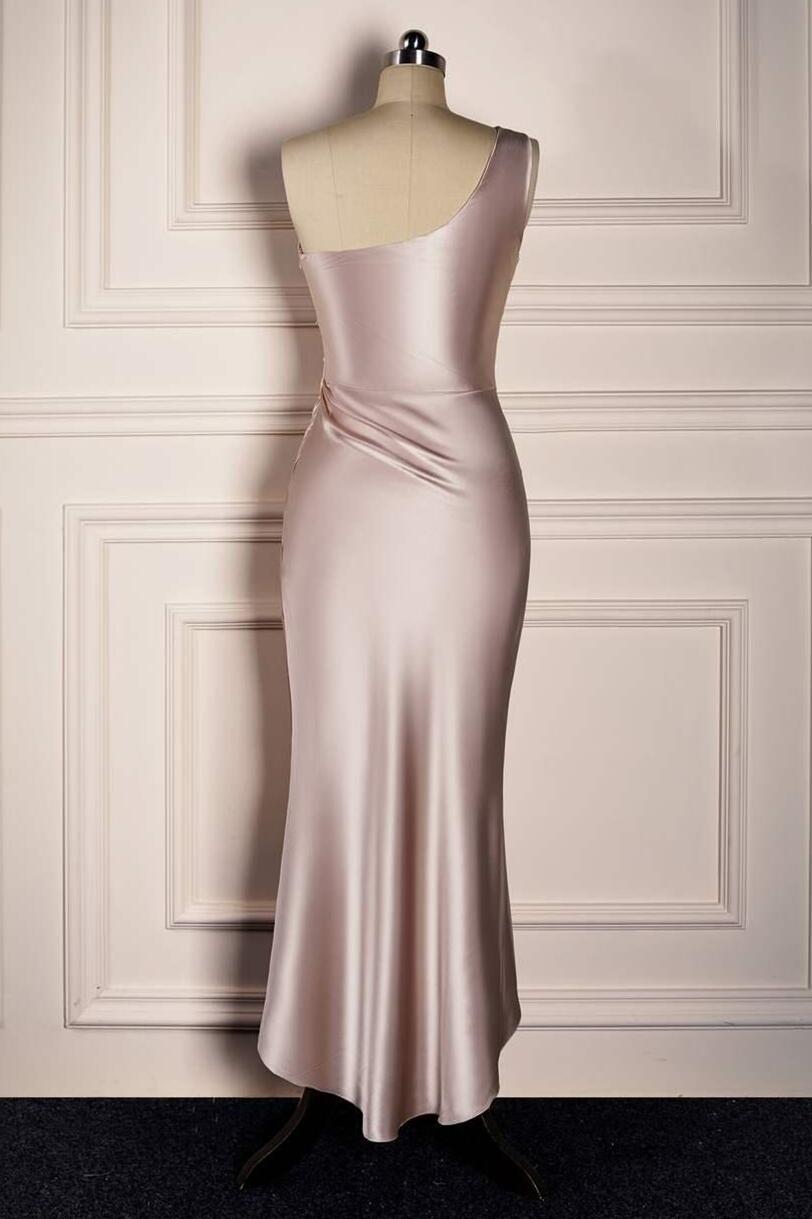 One Shoulder Champagne Tea Length Bridesmaid Dress