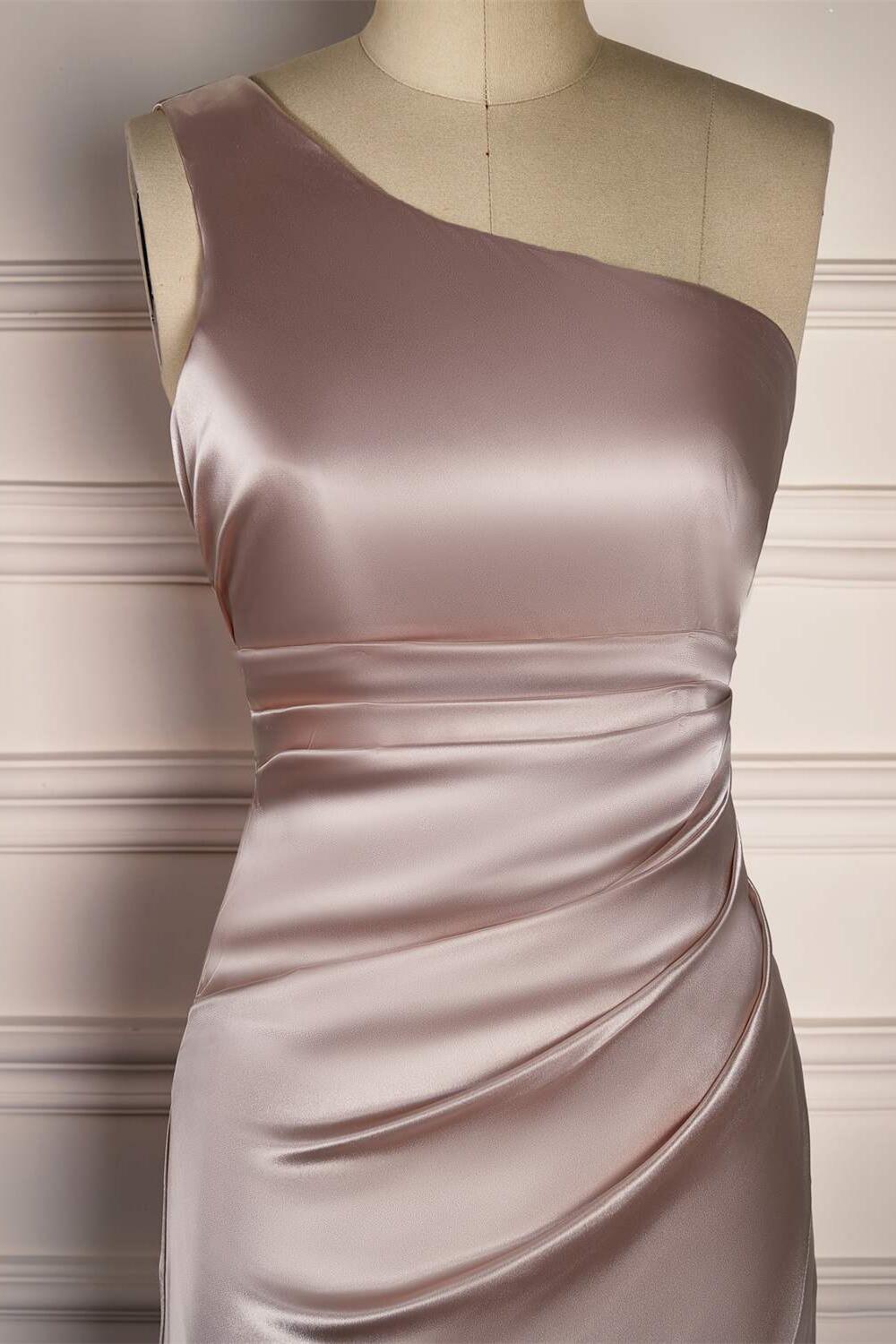 One Shoulder Champagne Tea Length Bridesmaid Dress