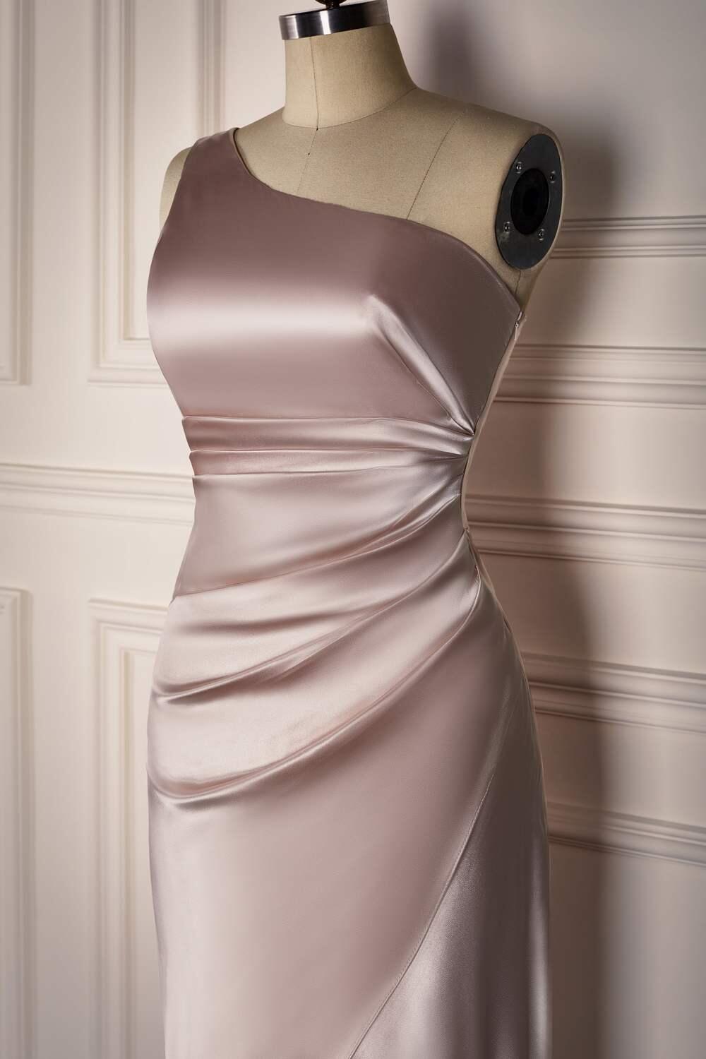 One Shoulder Champagne Tea Length Bridesmaid Dress