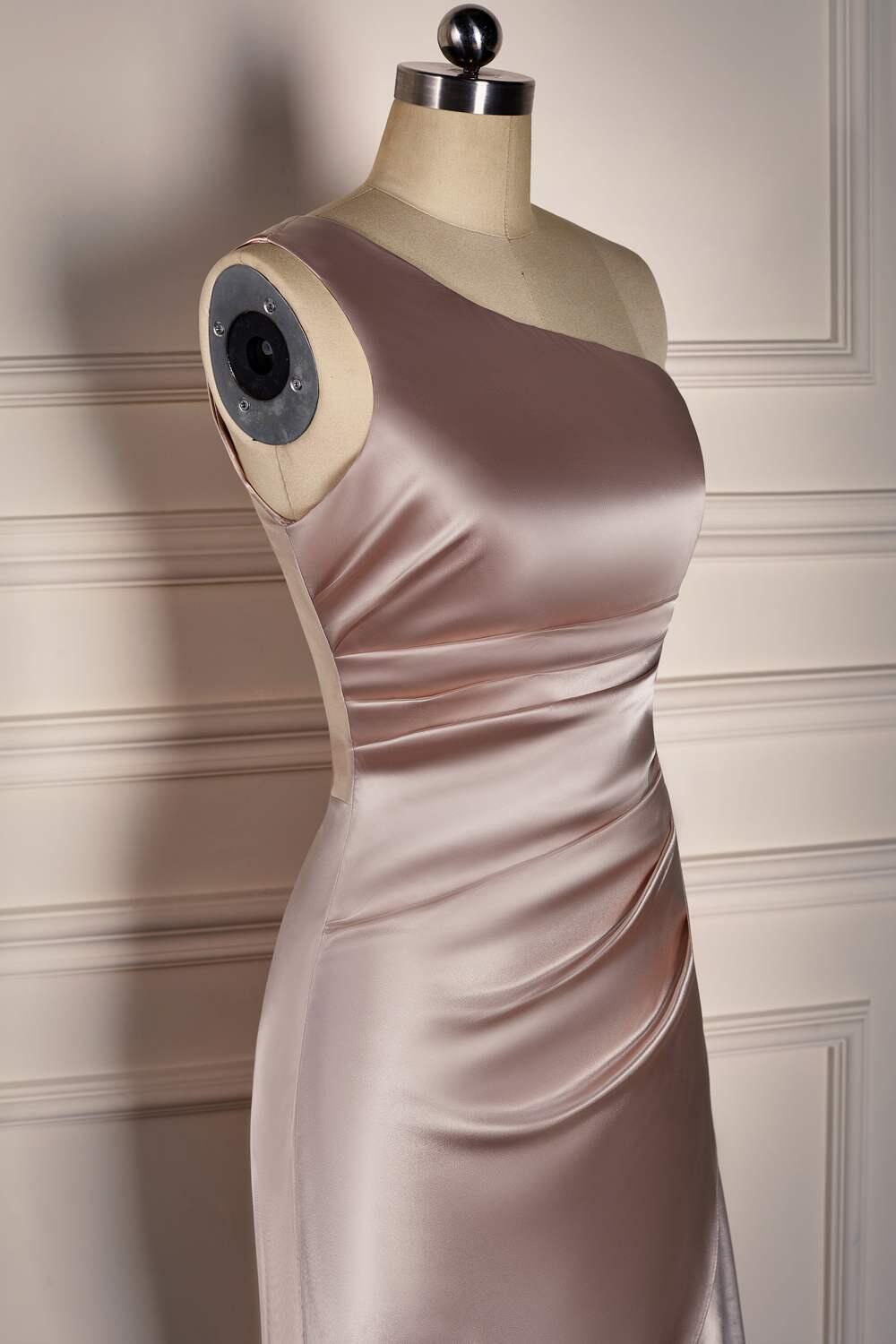 One Shoulder Champagne Tea Length Bridesmaid Dress