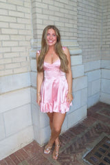 Pink Satin Ruched Bust A-Line Mini Dress