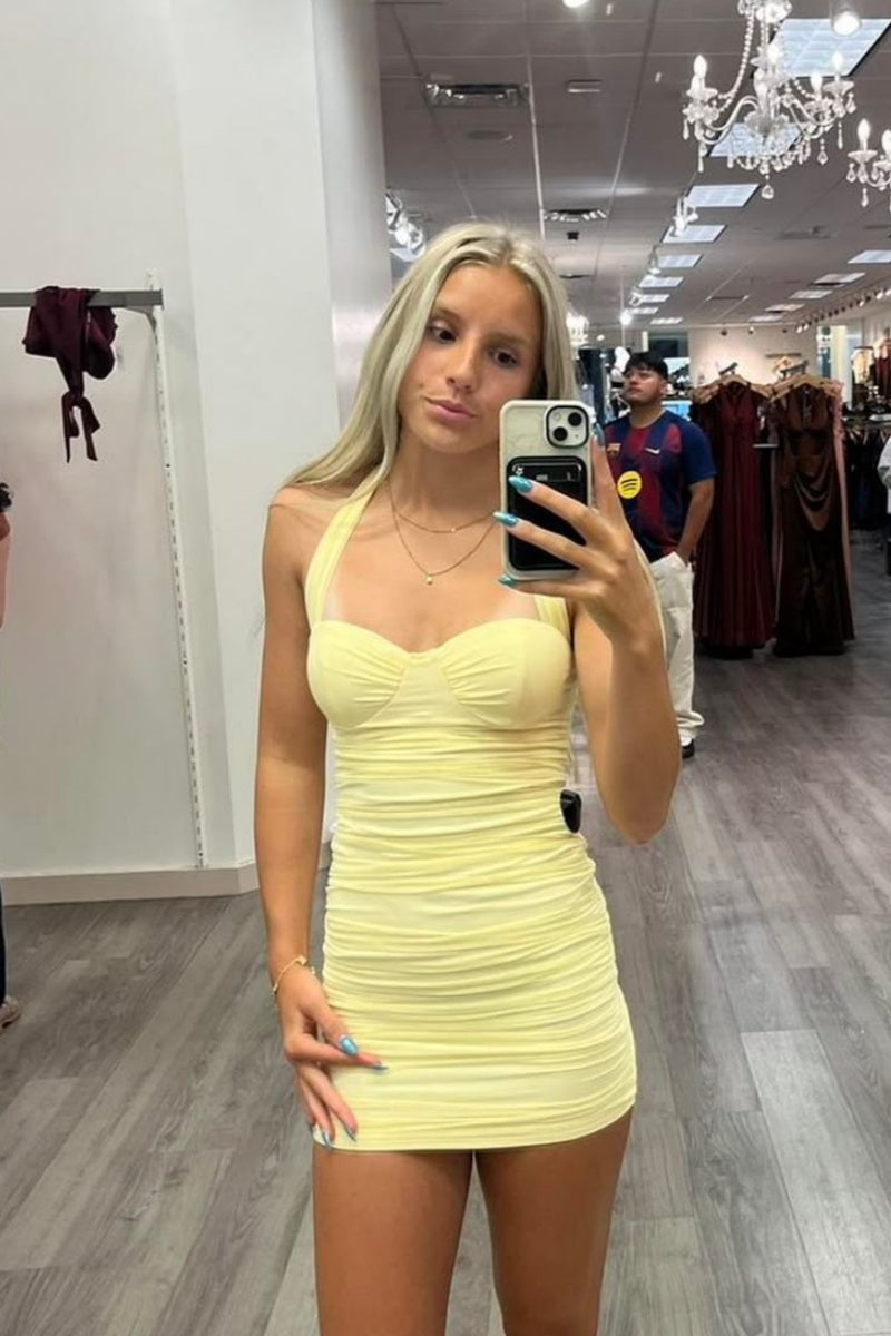 Yellow Bodycon Mesh Party Dress