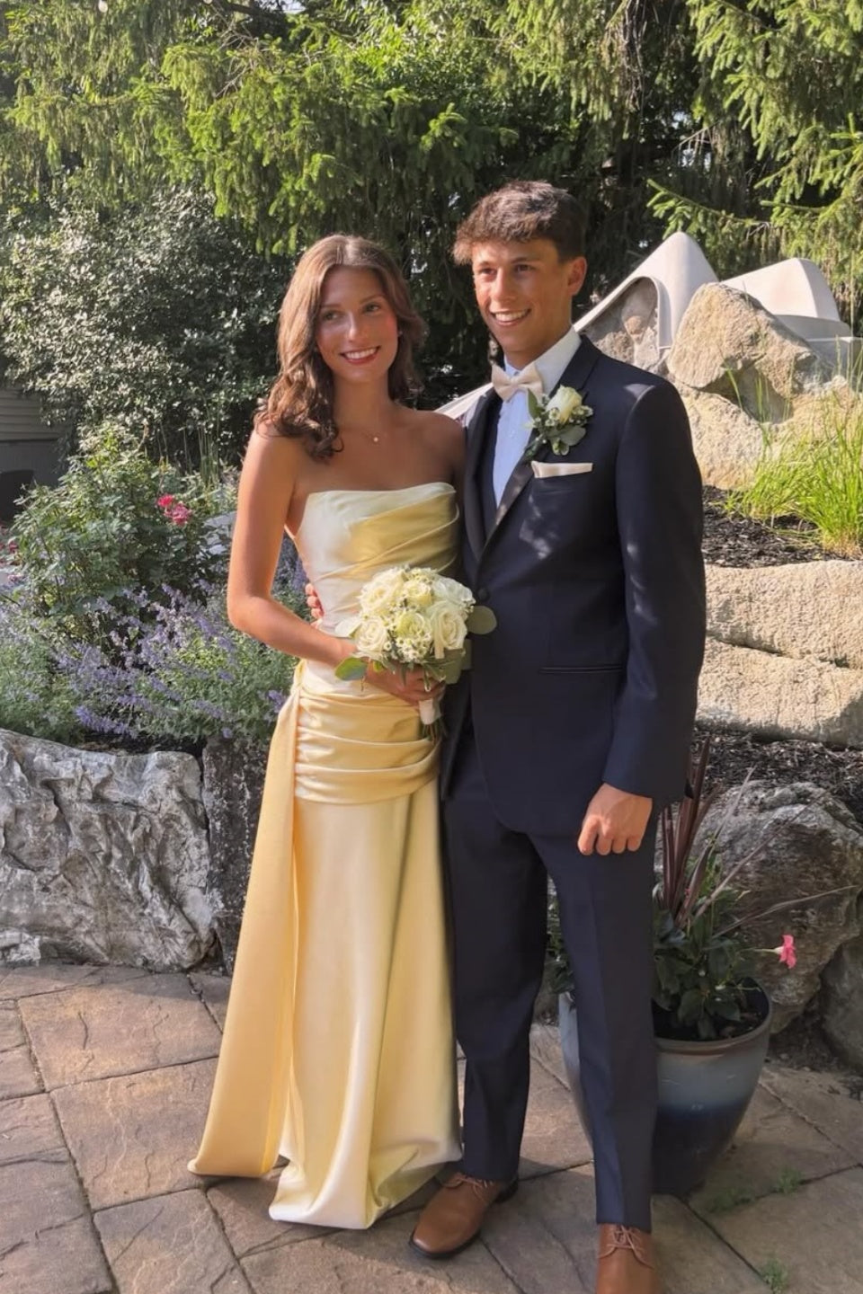Yellow Satin Strapless Maxi Dress