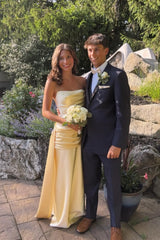 Yellow Satin Strapless Maxi Dress