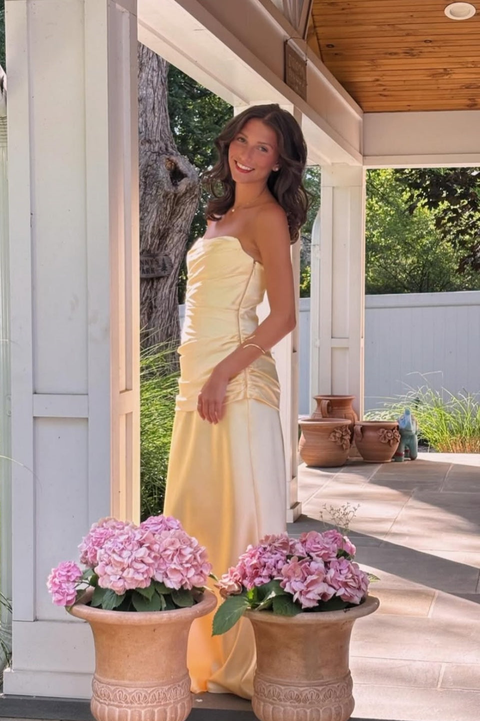 Yellow Satin Strapless Maxi Dress