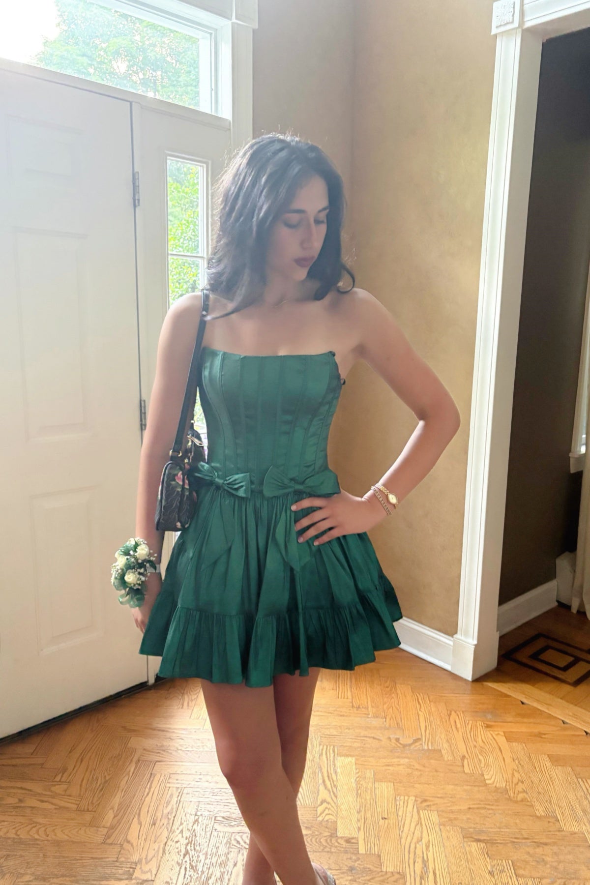 Forest Green Bow A-Line Mini Dress