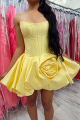 Yellow Strapless Satin Bubble Mini Dress