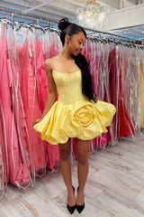 Yellow Strapless Satin Bubble Mini Dress