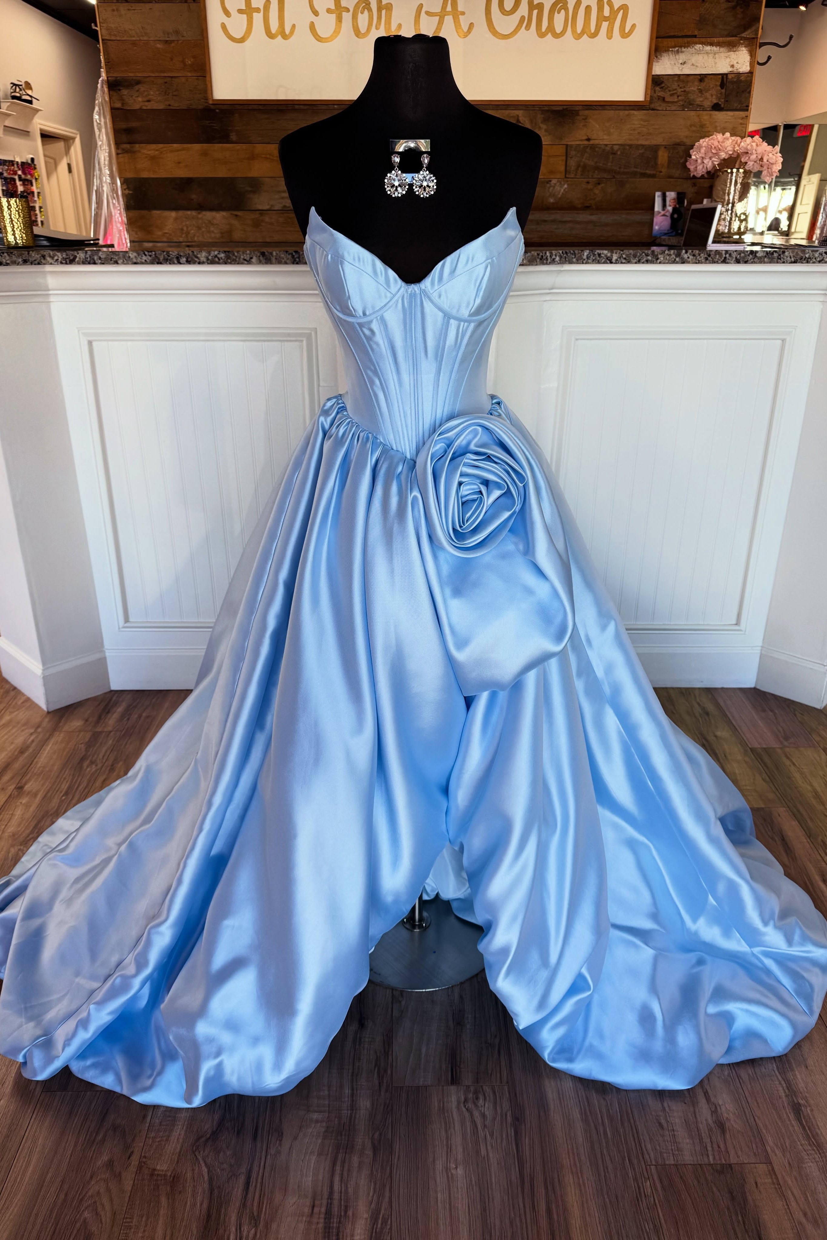 Blue Satin A-Line Floor-Length Dress