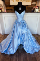 Blue Satin A-Line Floor-Length Dress