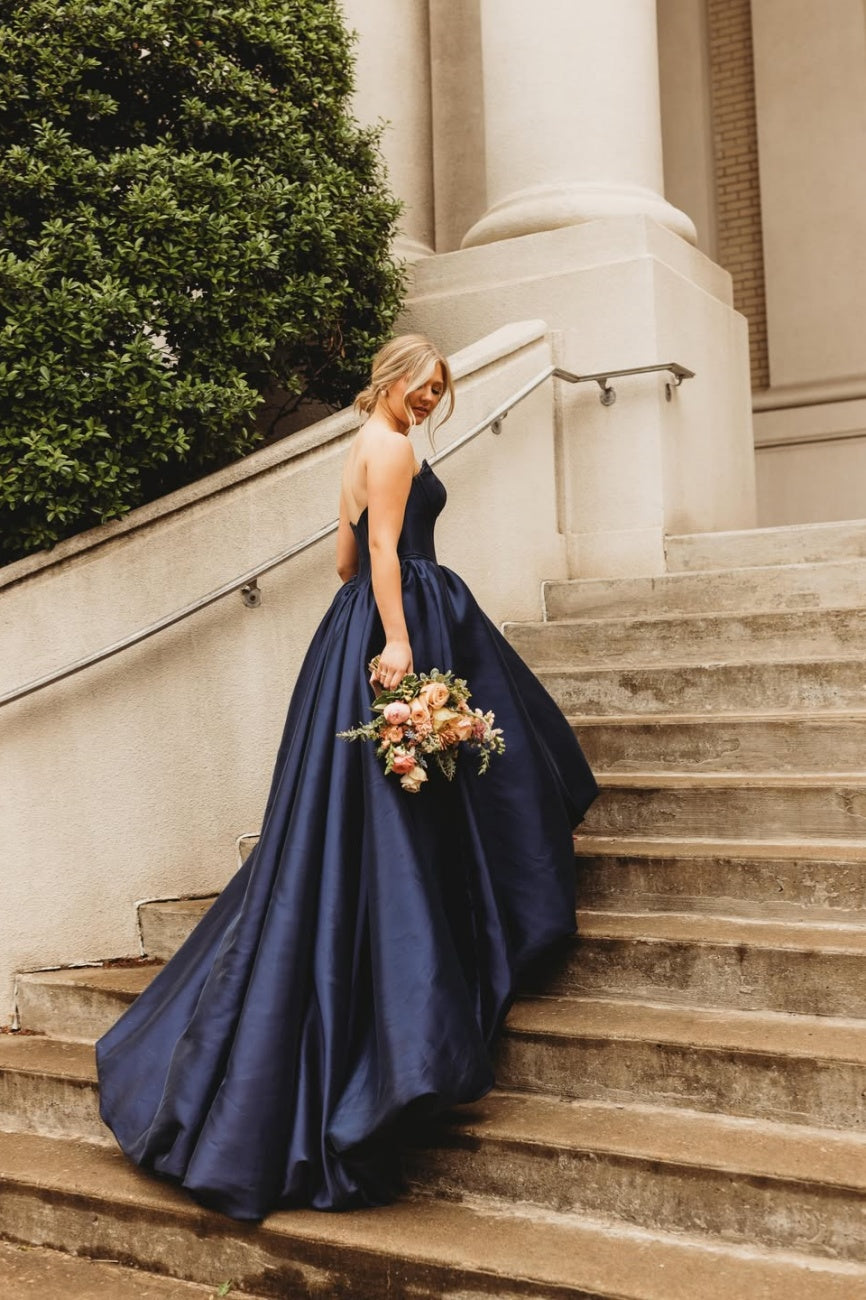 Blue Satin A-Line Floor-Length Dress