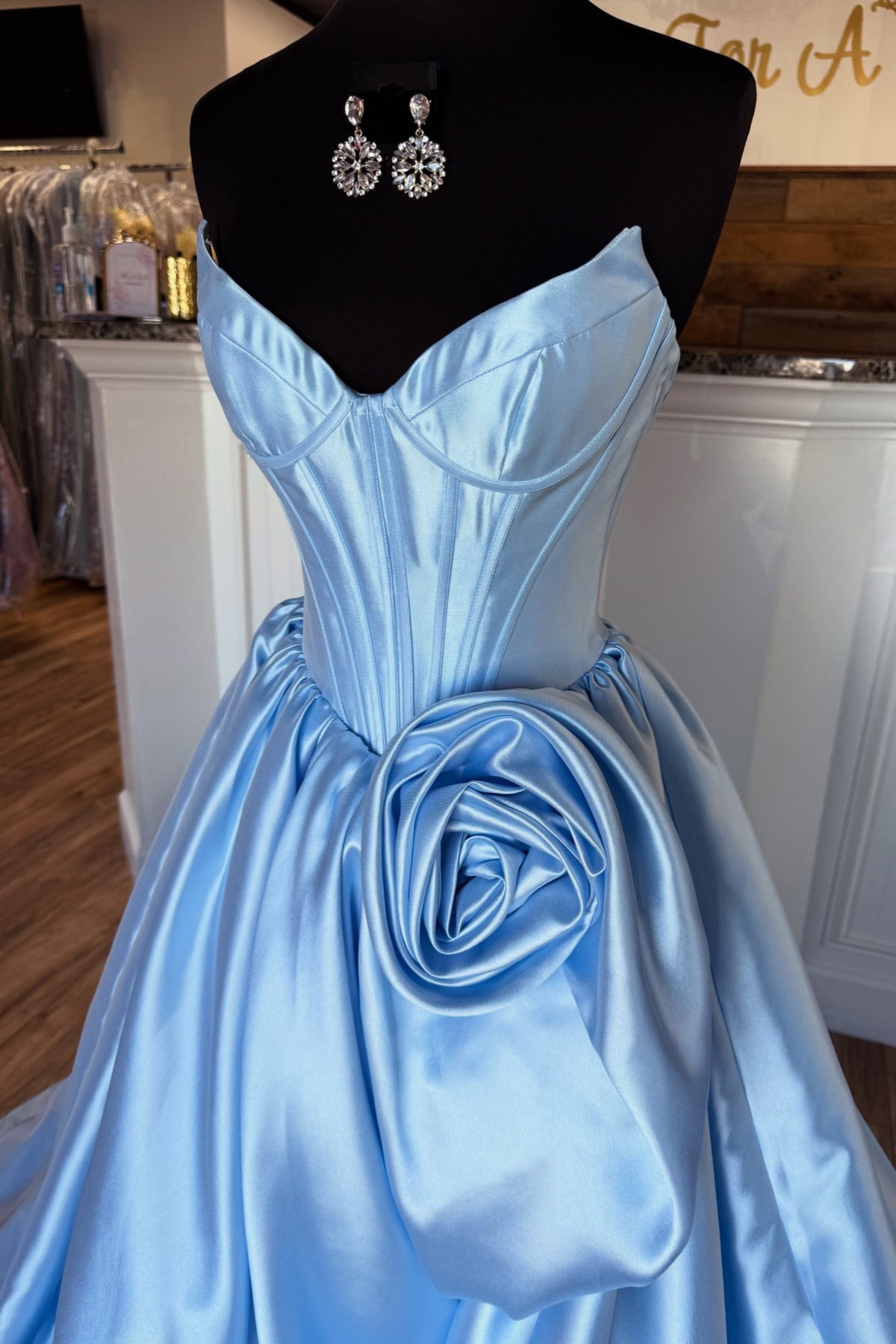 Blue Satin A-Line Floor-Length Dress