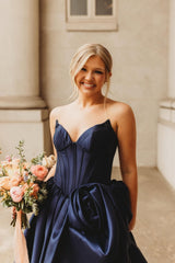 Blue Satin A-Line Floor-Length Dress