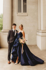 Blue Satin A-Line Floor-Length Dress