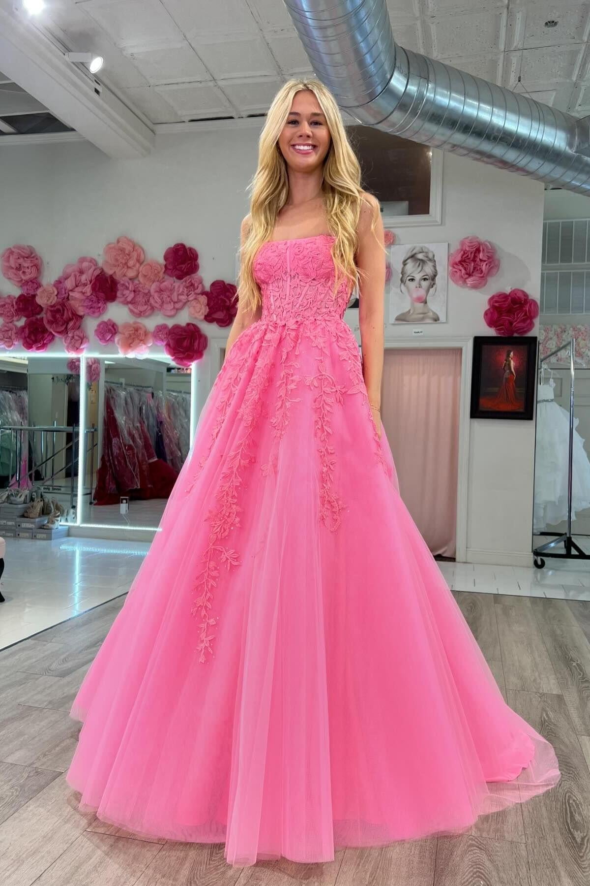 Hot Pink Tulle Lace A-Line Strapless Dress