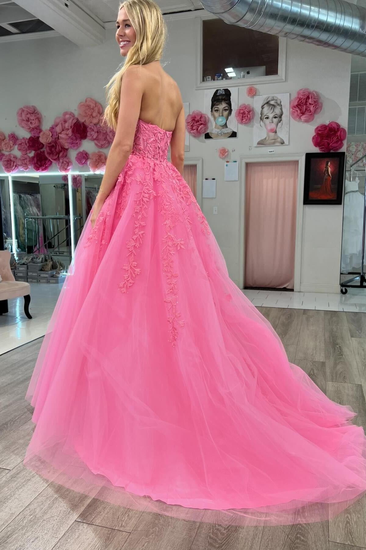 Hot Pink Tulle Lace A-Line Strapless Dress