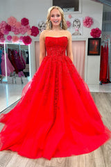 Hot Pink Tulle Lace A-Line Strapless Dress