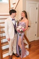 Lilac Floral Appliqué Strapless Corset Gown