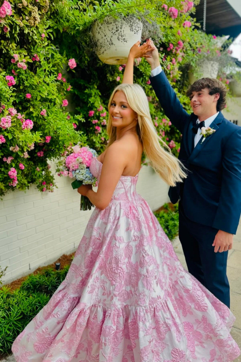 Pink Floral Jacquard A-Line Prom Dress