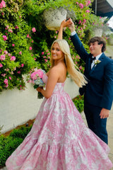 Pink Floral Jacquard A-Line Prom Dress