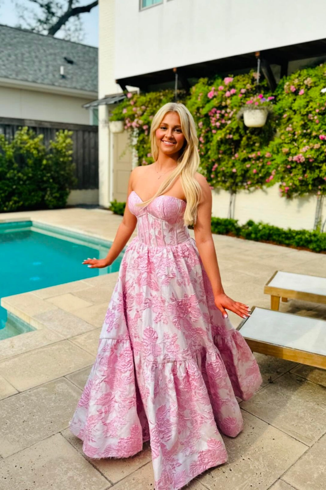 Pink Floral Jacquard A-Line Prom Dress