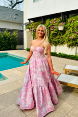 Pink Floral Jacquard A-Line Prom Dress