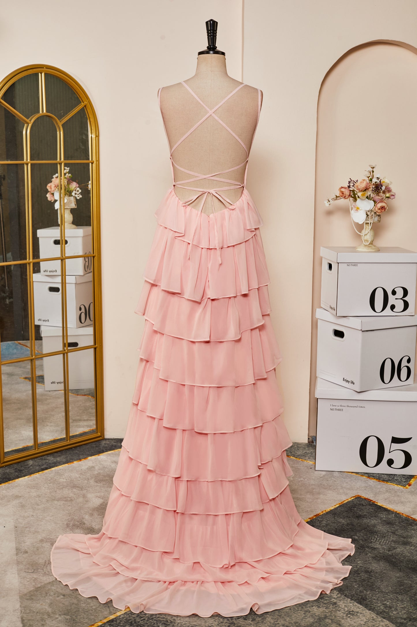 Straps Pink Ruffle Layered Chiffon Prom Dress