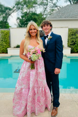 Pink Floral Jacquard A-Line Prom Dress