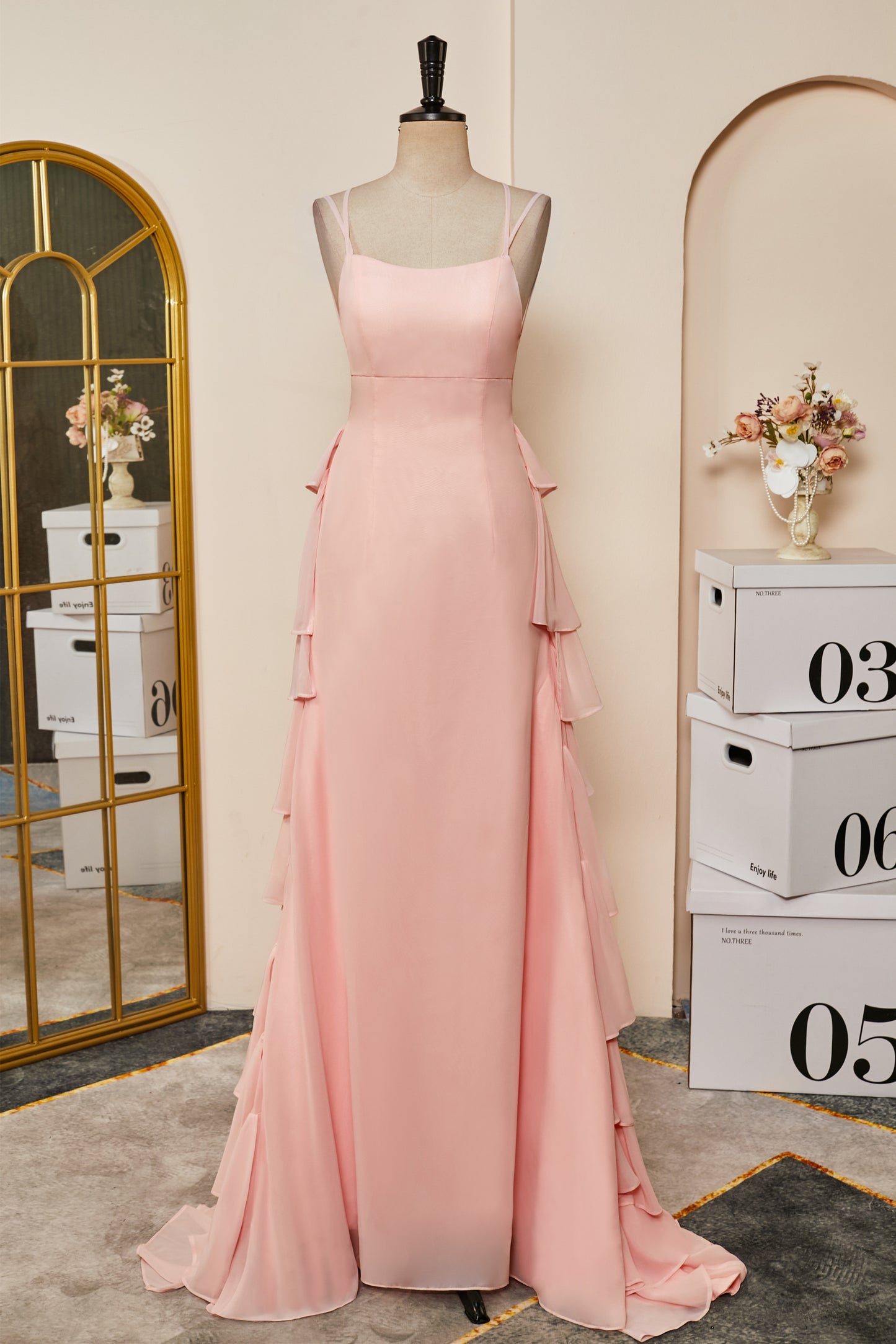 Straps Pink Ruffle Layered Chiffon Prom Dress