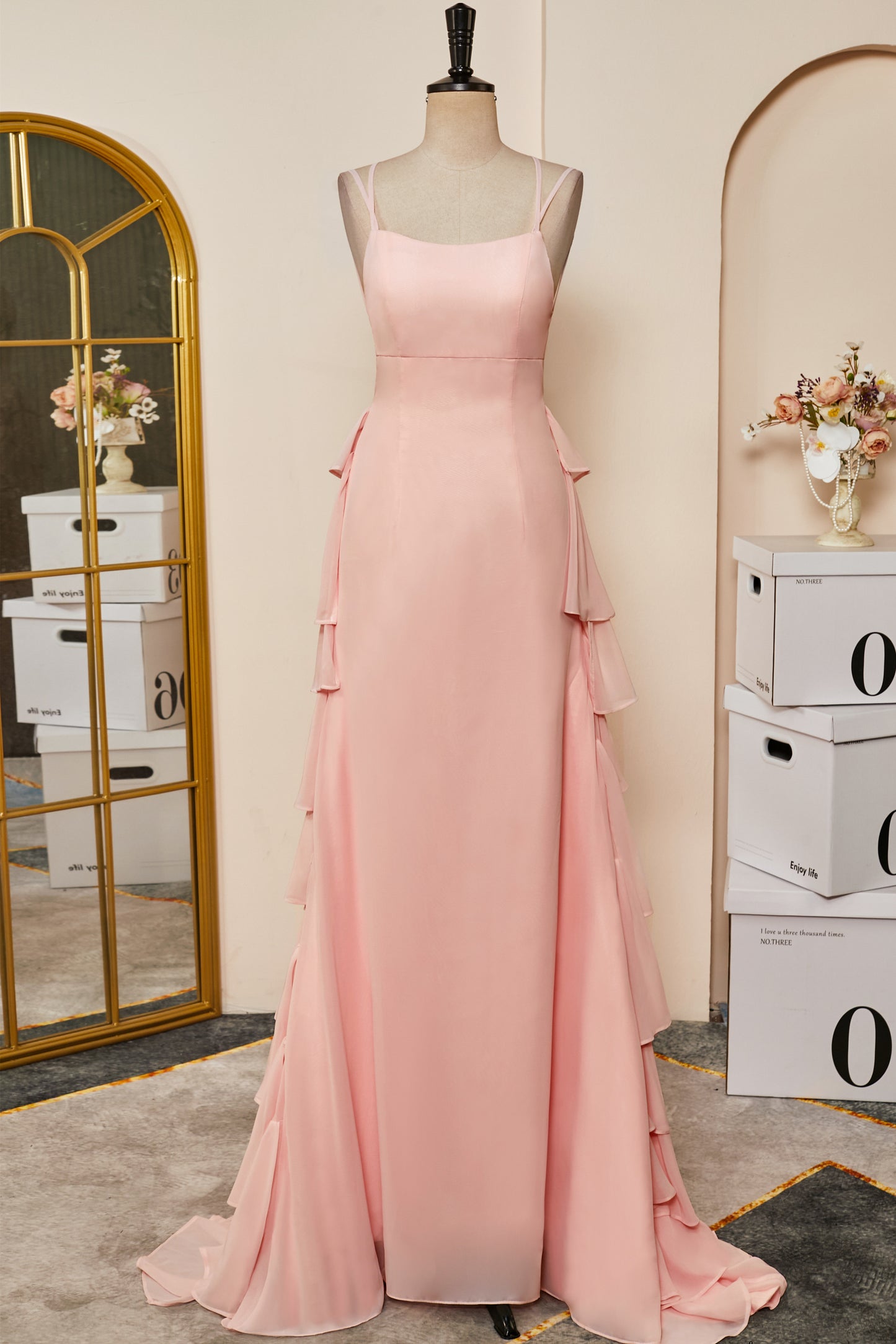 Straps Pink Ruffle Layered Chiffon Prom Dress