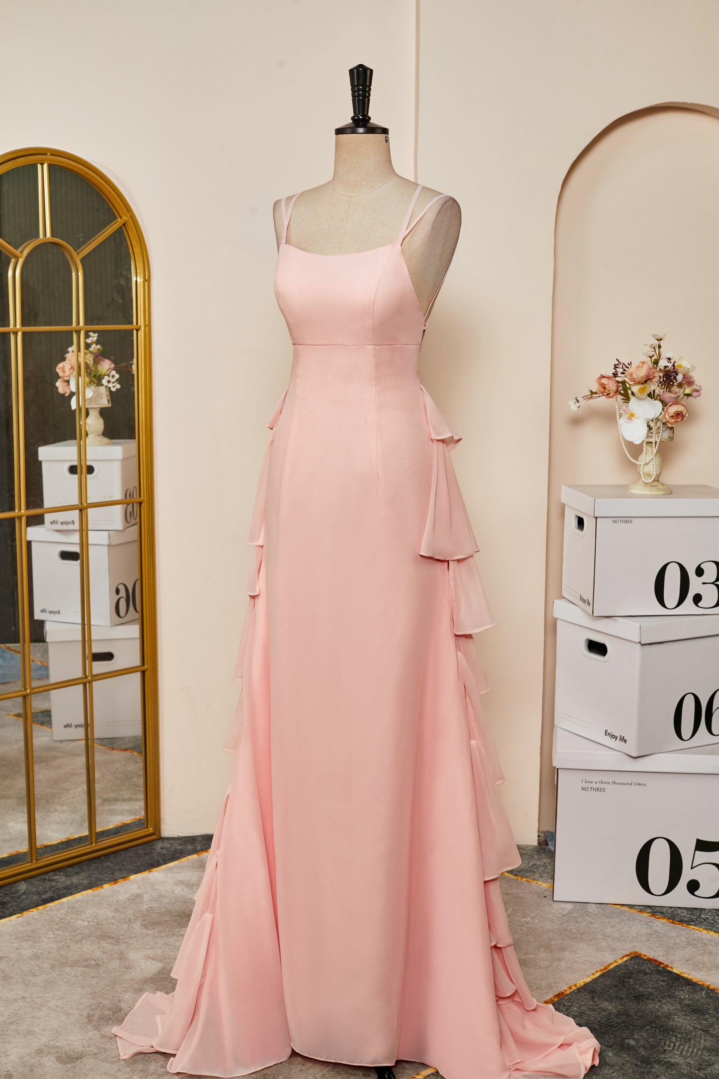 Straps Pink Ruffle Layered Chiffon Prom Dress