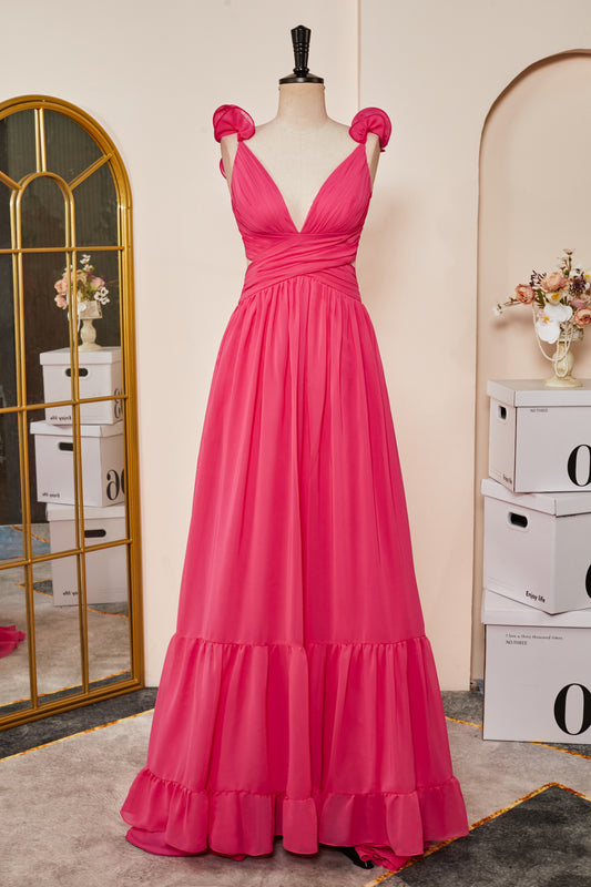 Hot Pink V Neck Ruffled A-Line Prom Dress