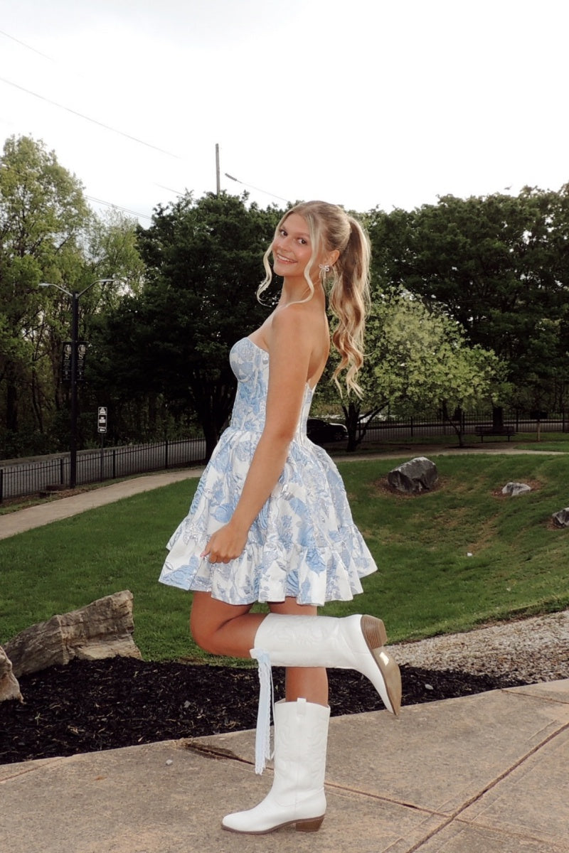 Blue Floral Jacquard Mini Dress