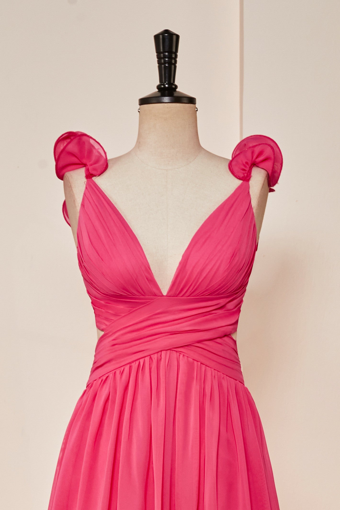 Hot Pink V Neck Ruffled A-Line Prom Dress