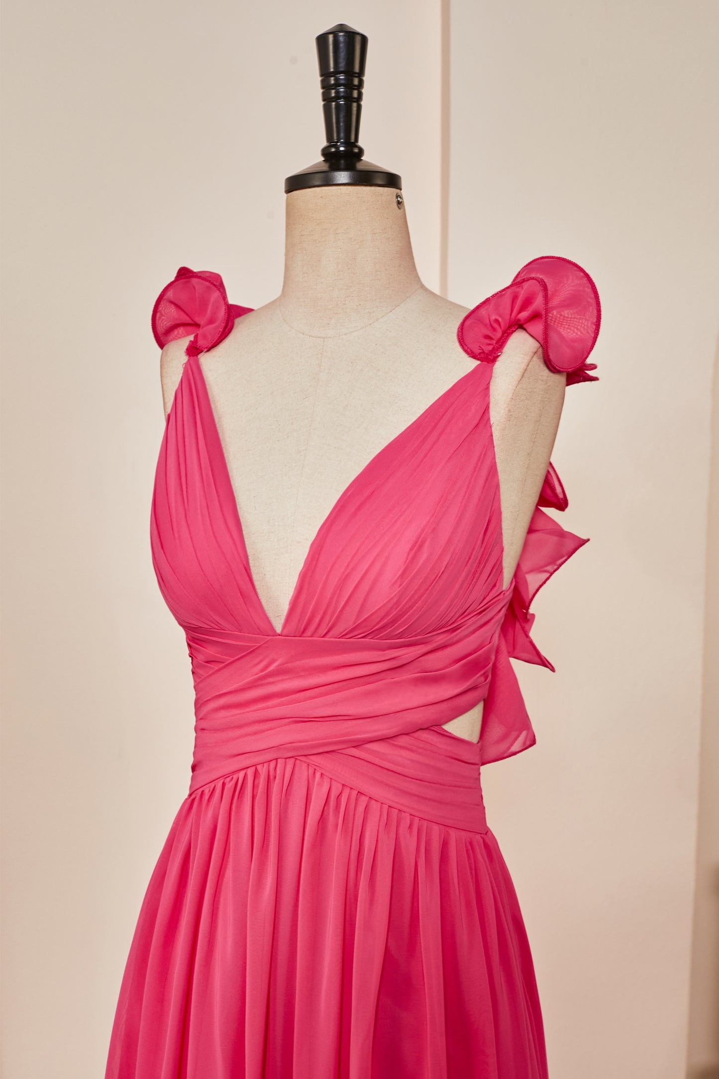 Hot Pink V Neck Ruffled A-Line Prom Dress