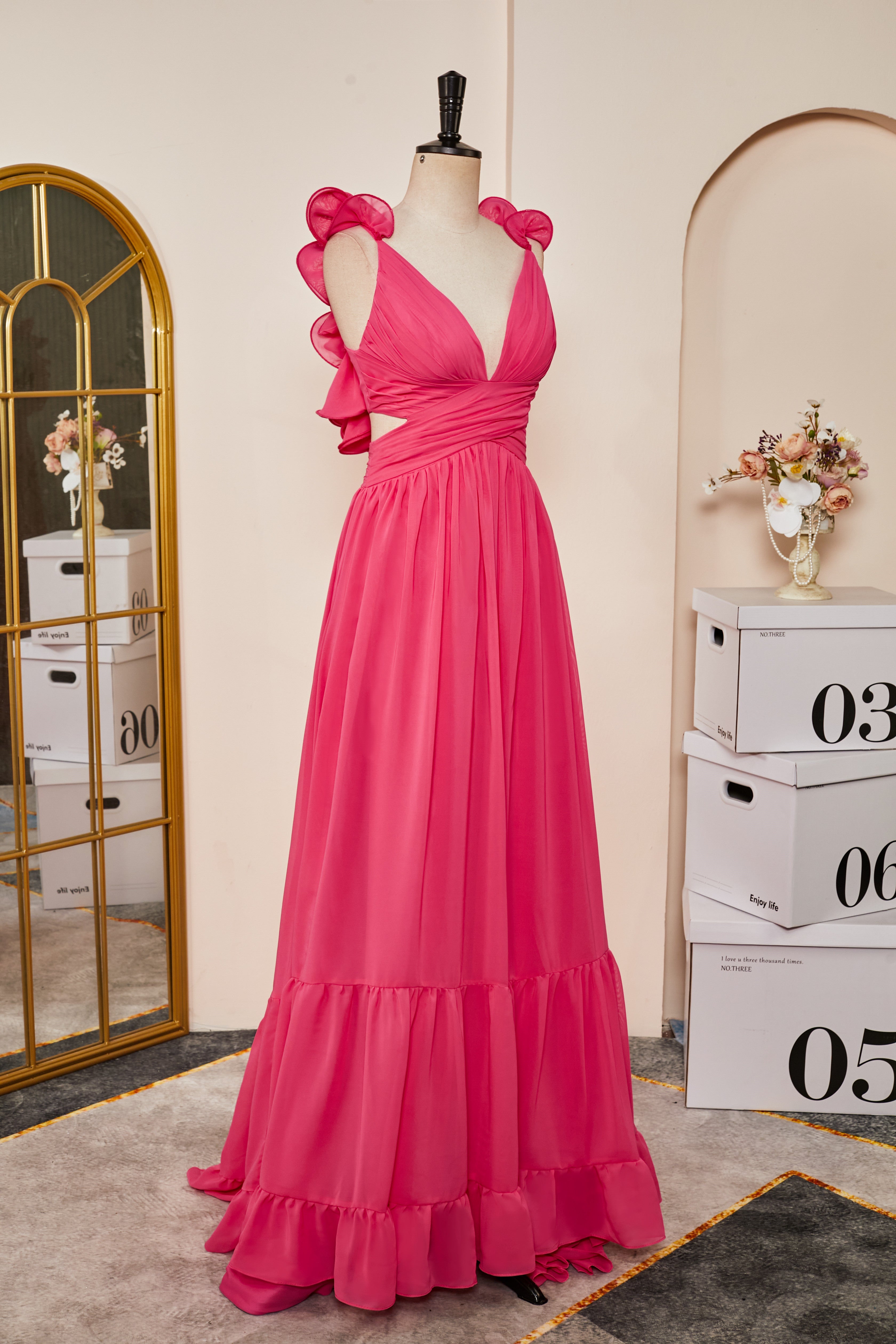 Hot Pink V Neck Ruffled A-Line Prom Dress