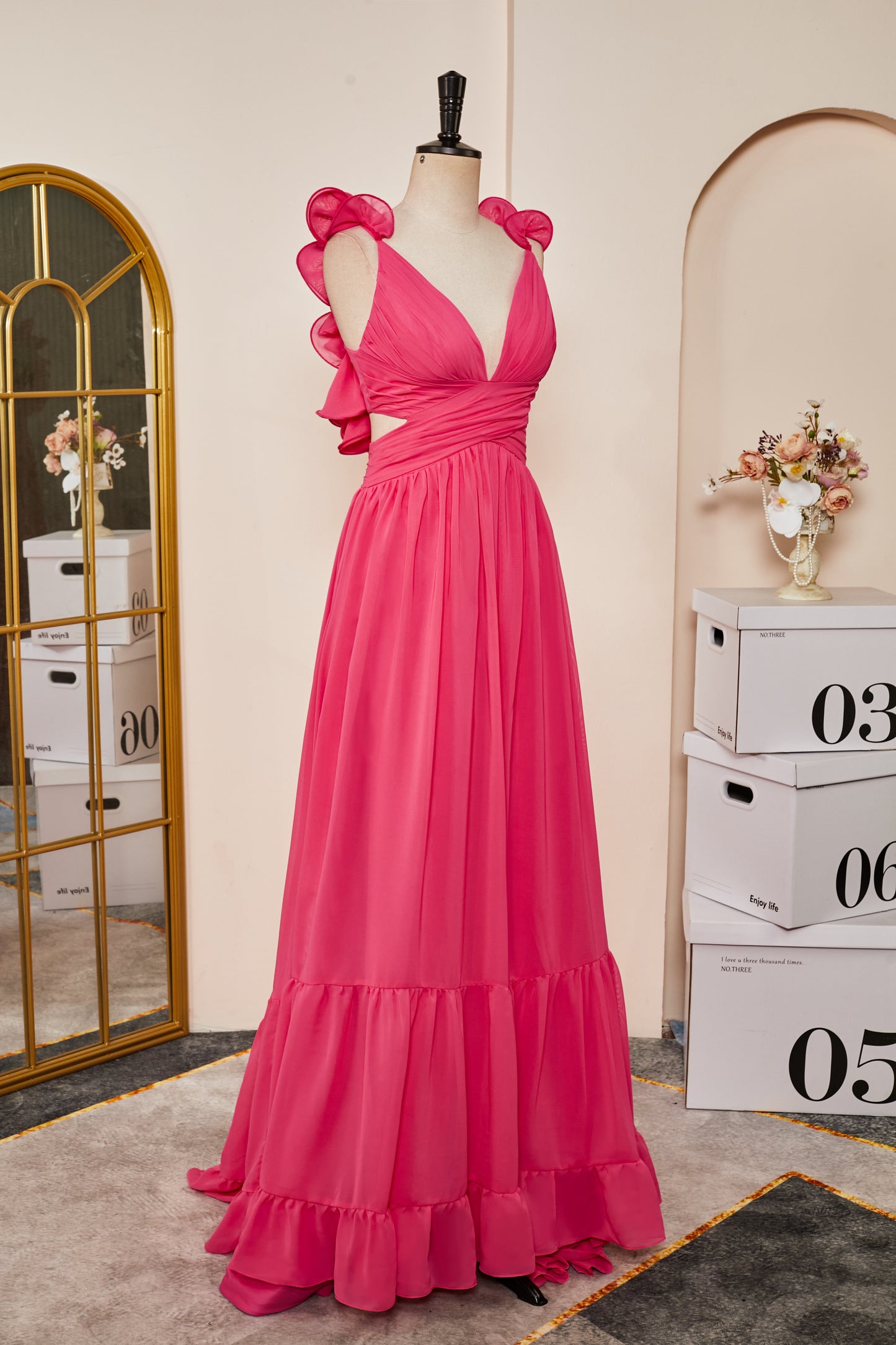 Hot Pink V Neck Ruffled A-Line Prom Dress