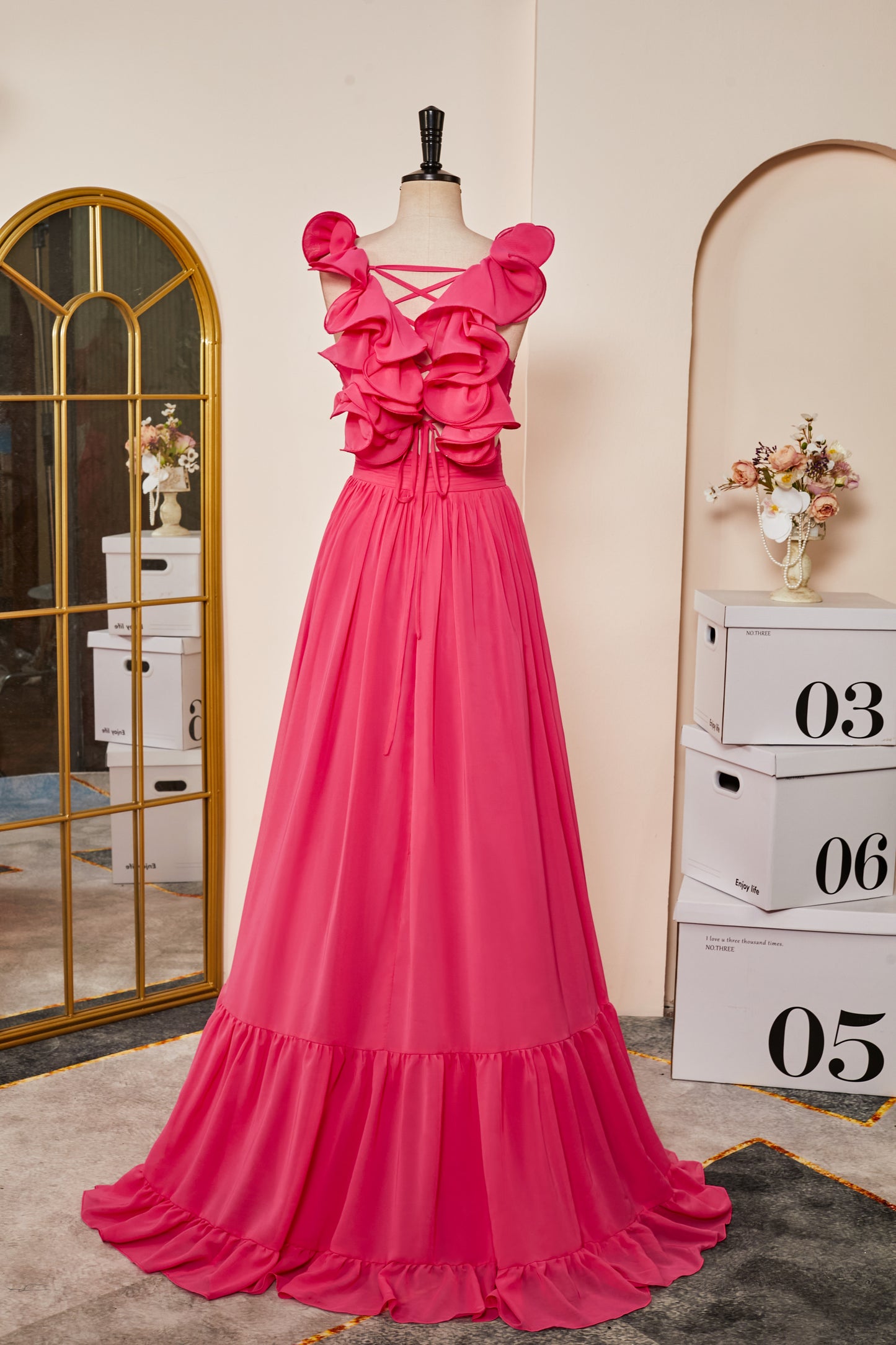 Hot Pink V Neck Ruffled A-Line Prom Dress