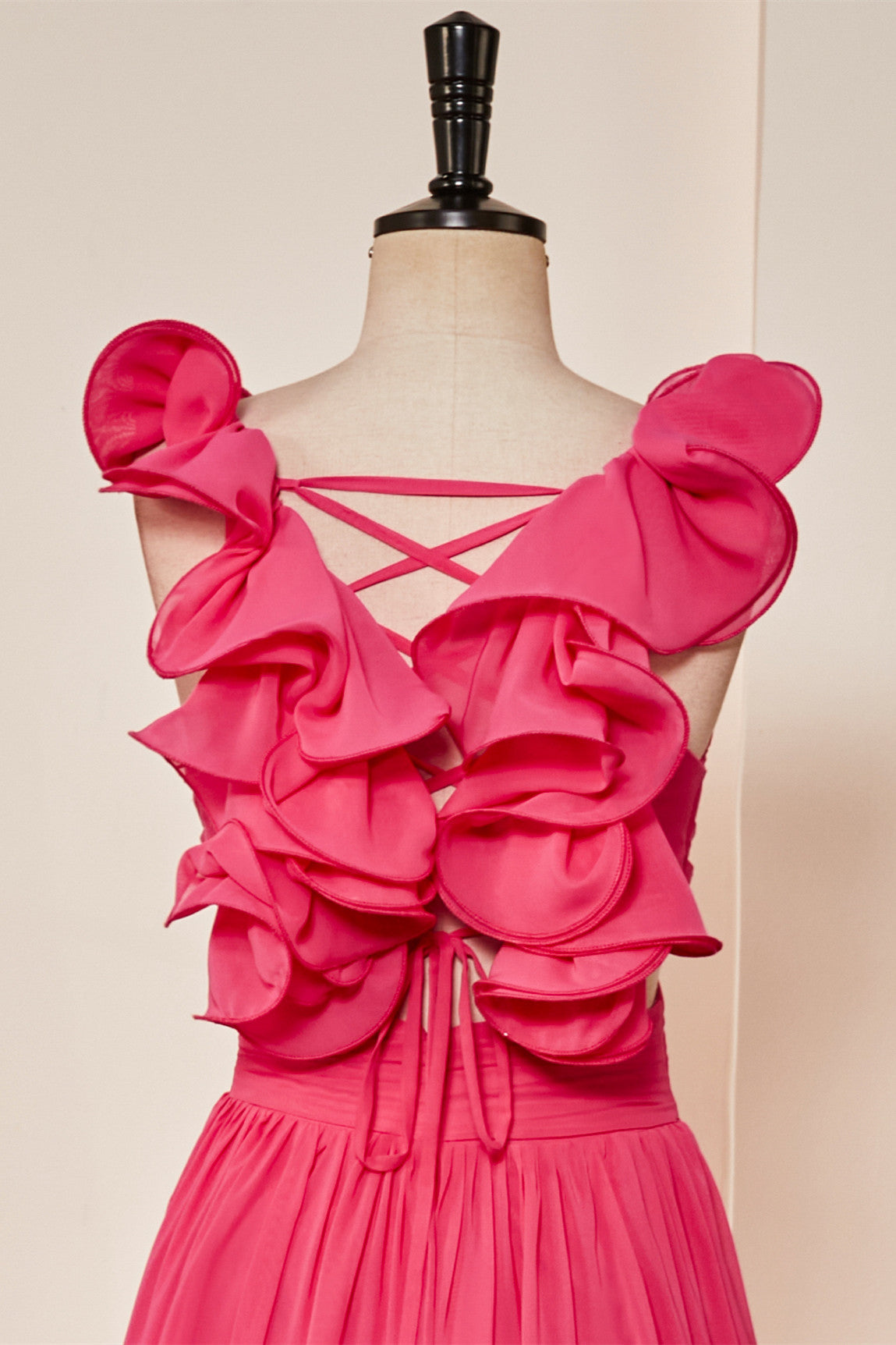 Hot Pink V Neck Ruffled A-Line Prom Dress