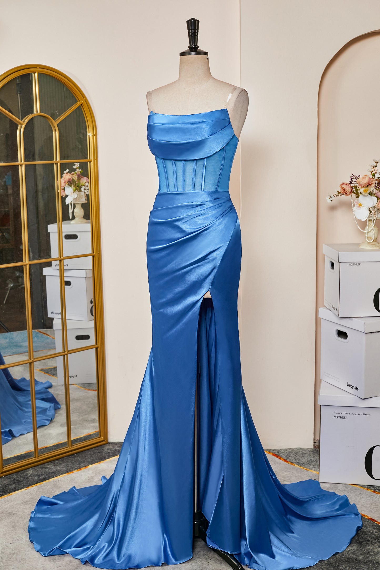 Blue Strapless Pleated Mermaid Long Prom Dress