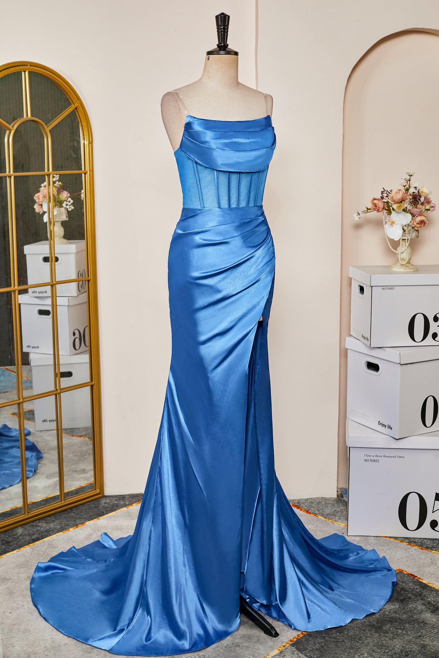 Blue Strapless Pleated Mermaid Long Prom Dress