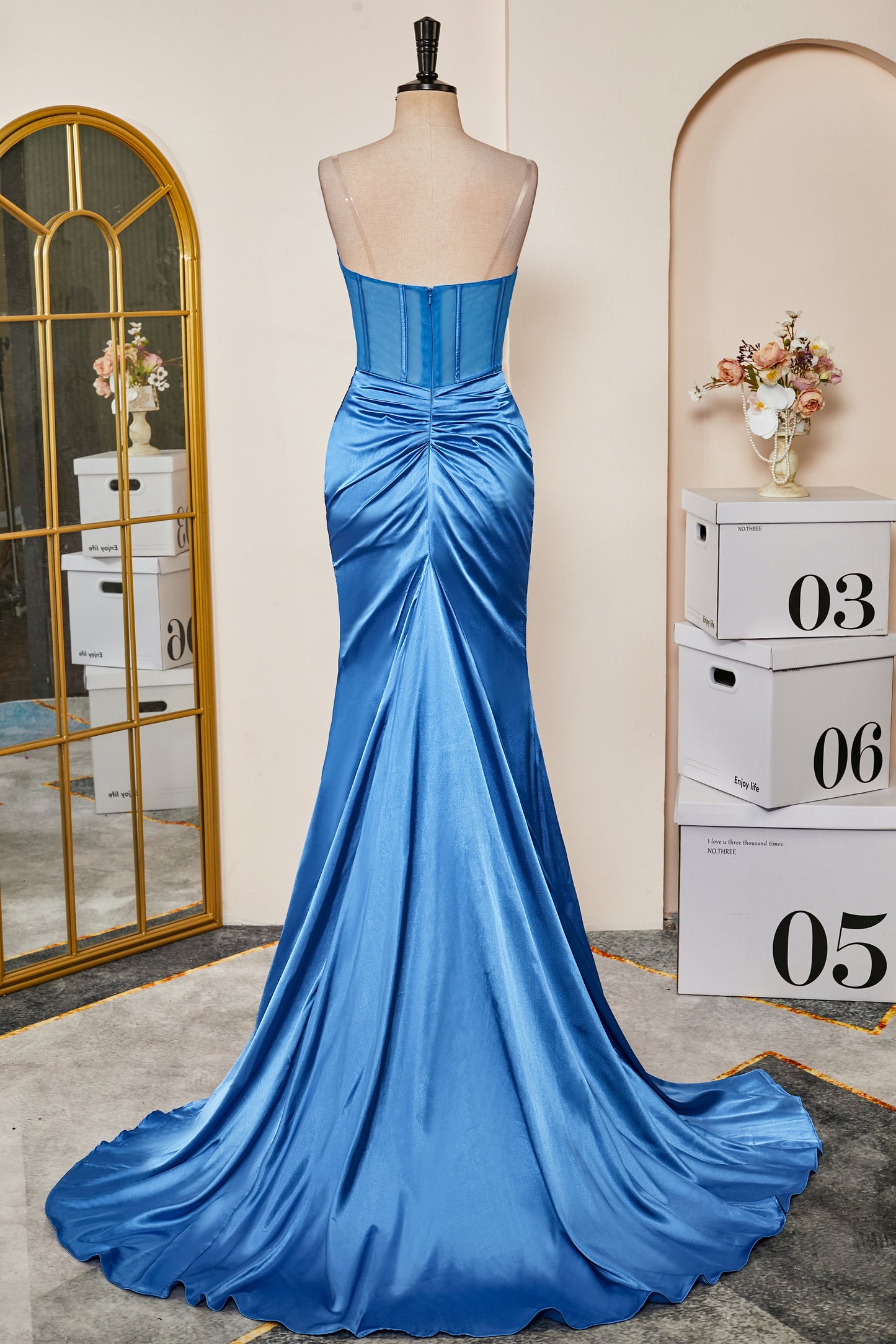 Blue Strapless Pleated Mermaid Long Prom Dress