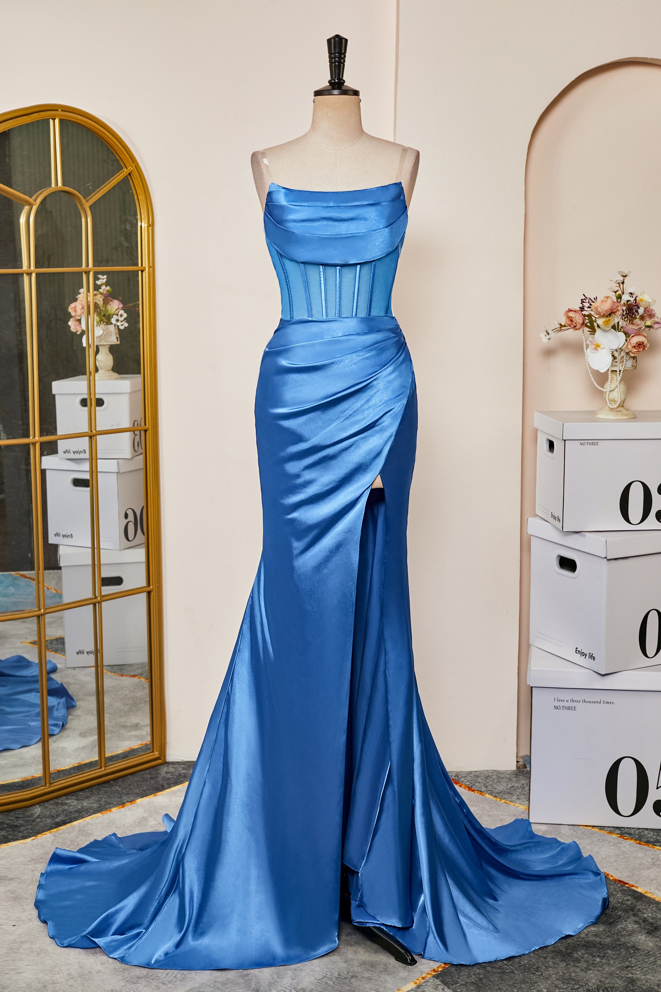 Ink Blue Strapless Pleats Long Prom Dresses main image 1