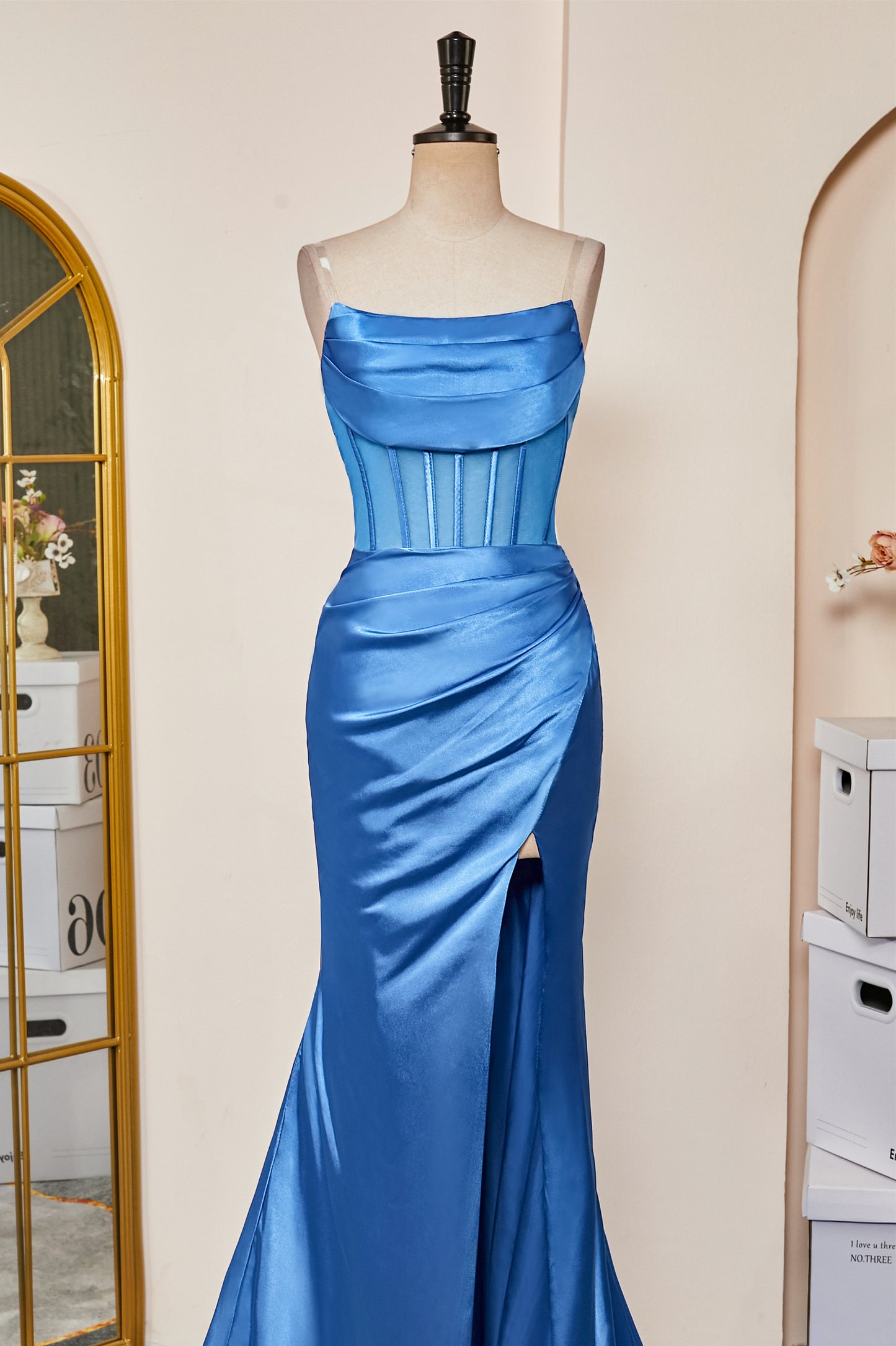 Blue Strapless Pleated Mermaid Long Prom Dress