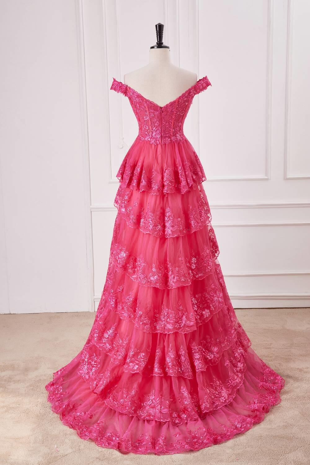 Fuchsia Off the Shoulder Appliques Tiered Formal Dress