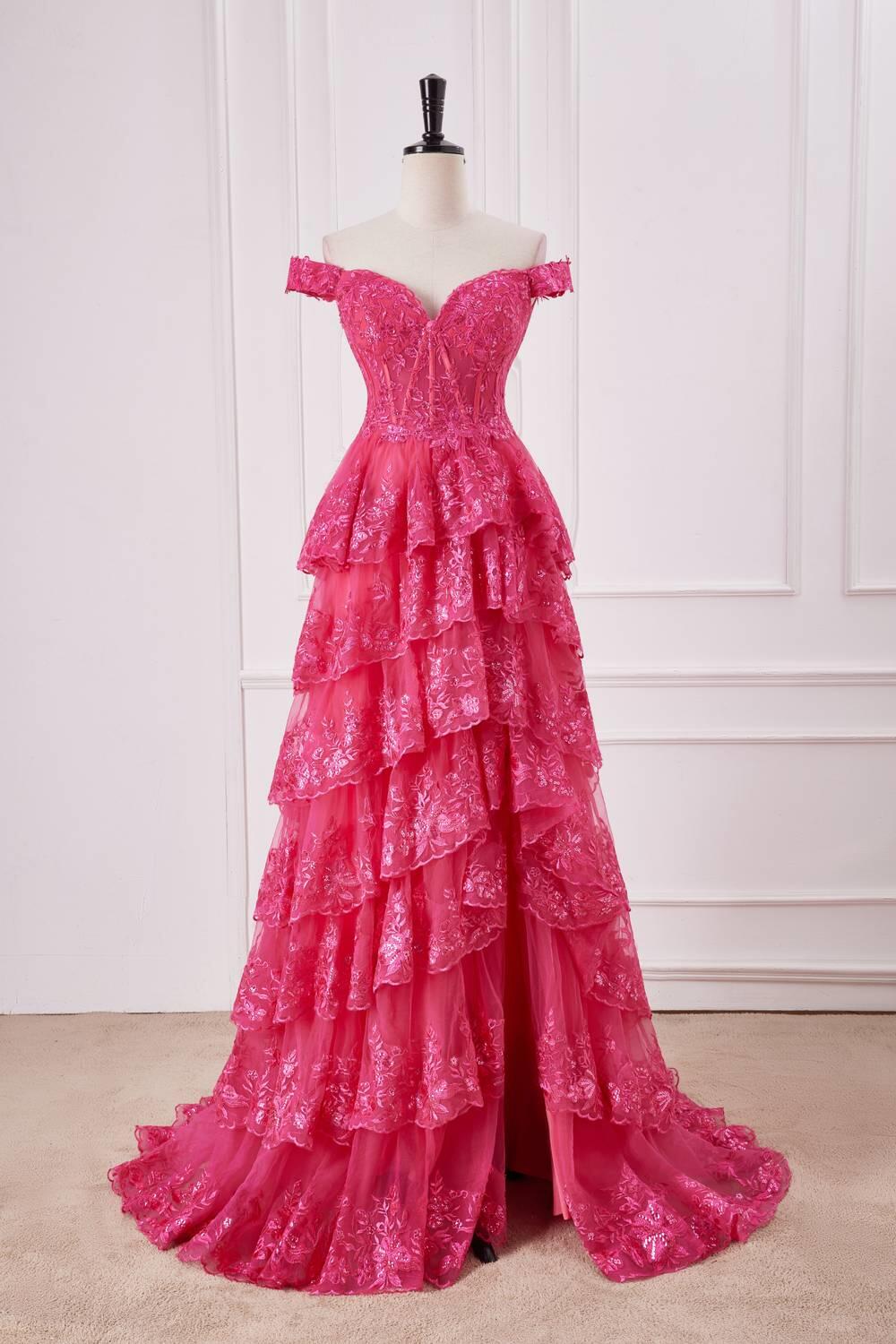 Fuchsia Off the Shoulder Appliques Tiered Formal Dress