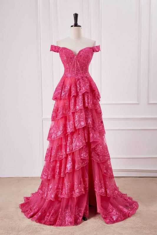 Fuchsia Off the Shoulder Appliques Tiered Formal Dress